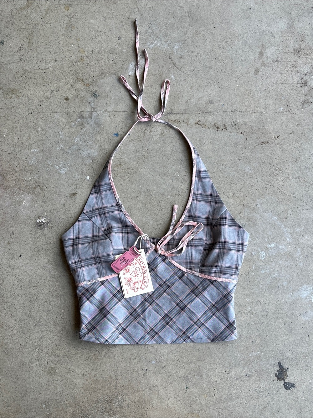Sweet Chilling Plaid Halter Crop Top with Pink Trim